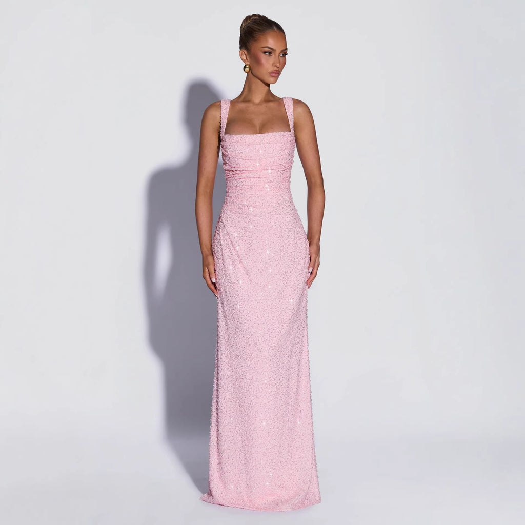 Vestido largo sin mangas, palabra de honor, con lentejuelas y abertura